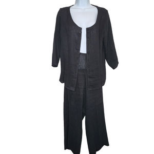Eileen Fisher 2 piece Black Linen Crop wide leg pant set Size Medium  #201